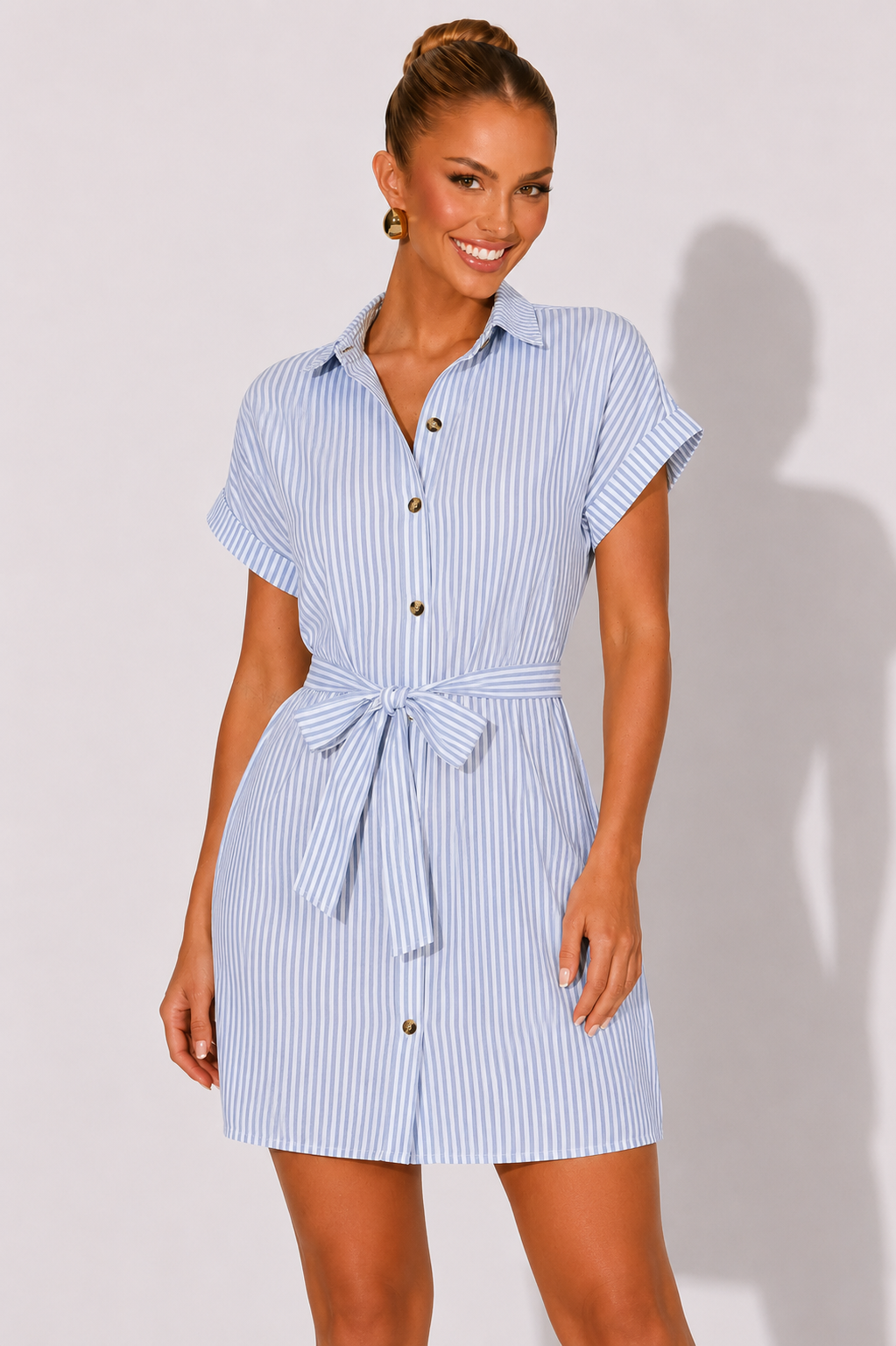 nova midi shirt dress | Women's Blue & White Striped Color:Ivory/Lawn Green The Line by K bridal gown with long sleeve Length measured flat =