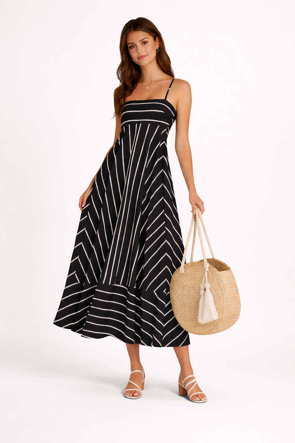 NOVA | Womens Striped Maxi Dress Strappy Flared Summer Dress, Holiday & Occasion Dress White / M NOVA | Womens Striped Maxi Dress Strappy Flared Summer Dress, Holiday & Occasion Dress White / M