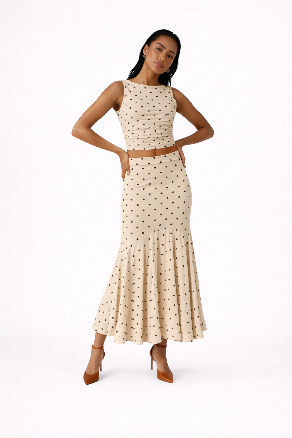 NOVA | Two Piece Co-Ord Polka Dot Ruched Maxi Skirt Set – Sleeveless Crop Top & Maxi Skirt Women