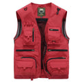 Multi Pocket Vest With Mesh Back And Multiple Zippered For Utility Use — Red