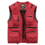 Multi Pocket Vest With Mesh Back And Multiple Zippered For Utility Use — Red