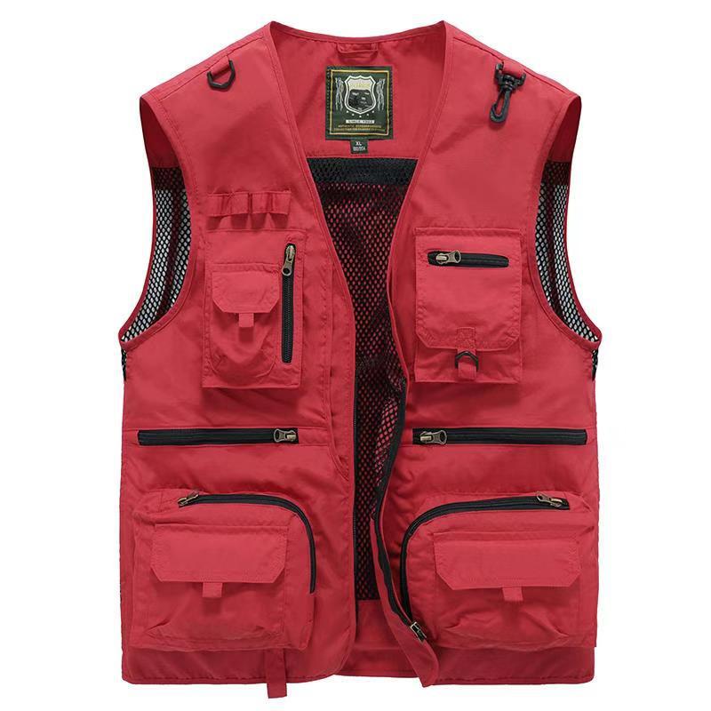 Multi Pocket Vest With Mesh Back And Multiple Zippered For Utility Use — Red