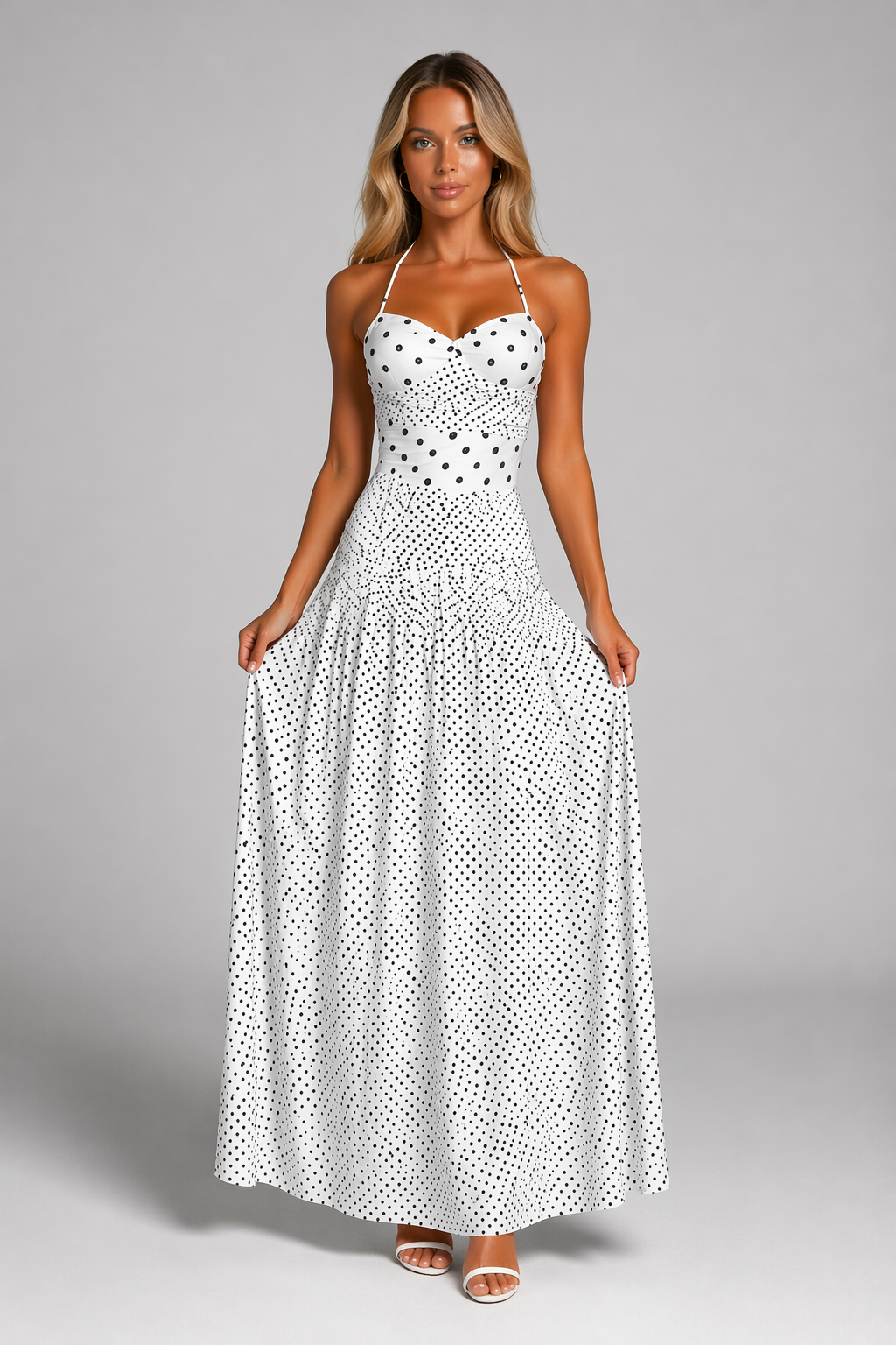 NOVA | Women’s White Polka Dot Halter Maxi Dress – Vintage Summer Party Dress