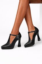NOVA | Women’s Square Toe Block Heel Shoes – T Strap Heels with Buckle