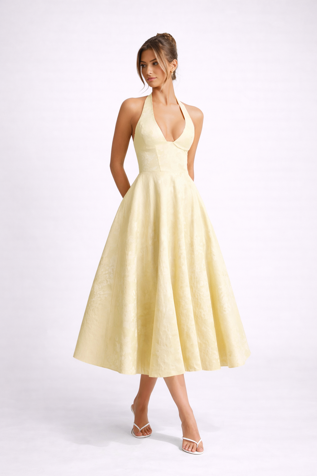 NOVA | Wedding Guest Halter Midi Dress with Flared Skirt for Women