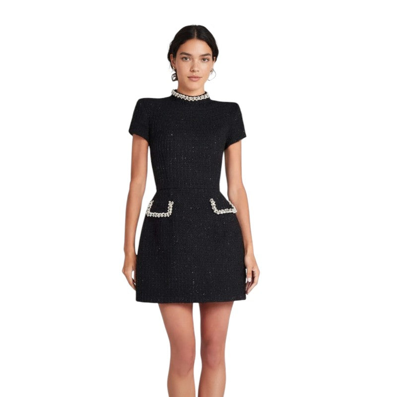 NOVA | Women’s Mini Dress with Pearl Trim – Elegant Short Sleeve Dress with Pocket Detail, Party & Occasion Dress