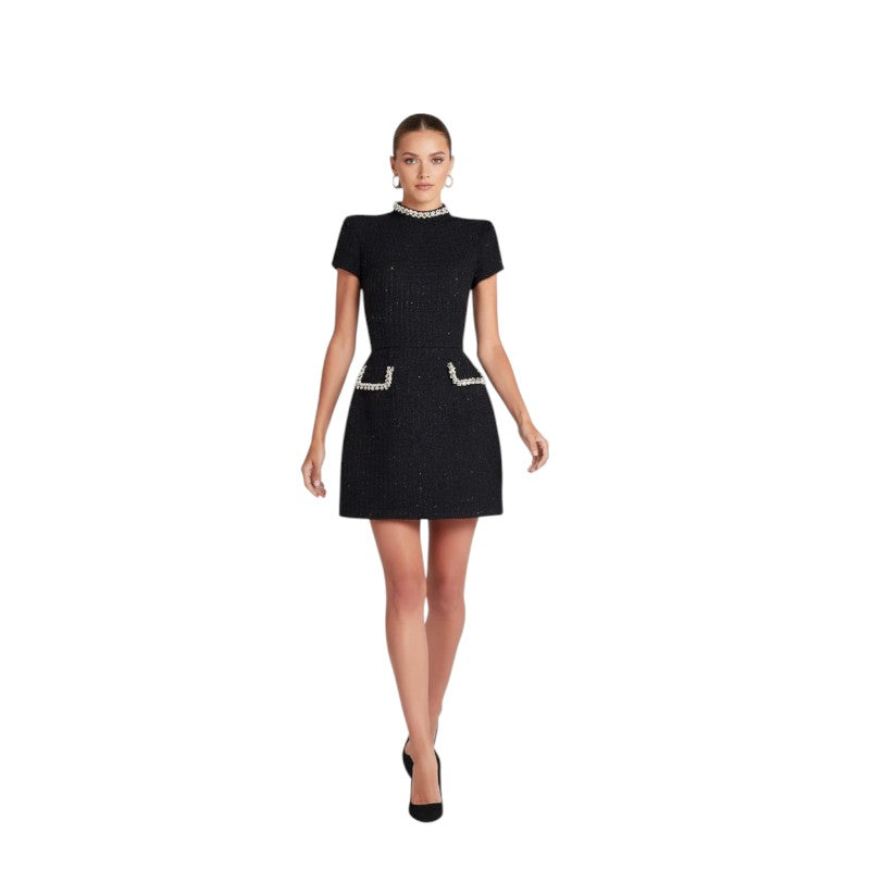 NOVA | Women’s Mini Dress with Pearl Trim – Elegant Short Sleeve Dress with Pocket Detail, Party & Occasion Dress