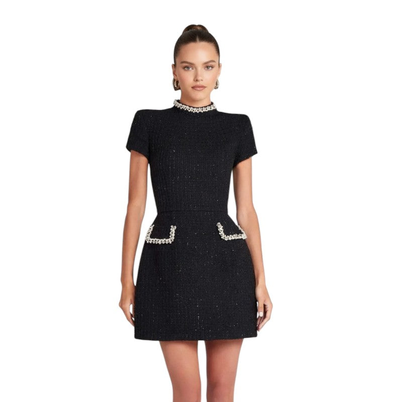 NOVA | Women’s Mini Dress with Pearl Trim – Elegant Short Sleeve Dress with Pocket Detail, Party & Occasion Dress