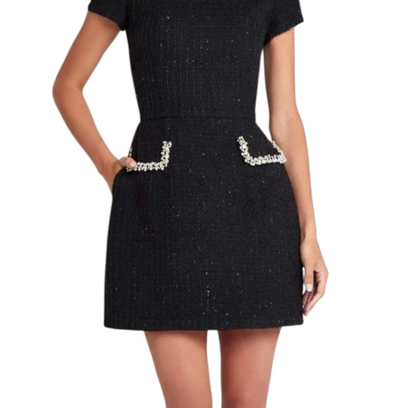 NOVA | Women’s Mini Dress with Pearl Trim – Elegant Short Sleeve Dress with Pocket Detail, Party & Occasion Dress