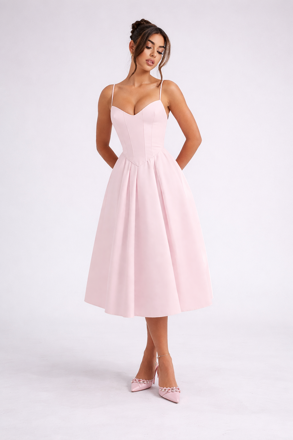NOVA | Blush Pink Corset Midi Dress with Straps – Elegant A-Line Summer Party Dress for Women UK