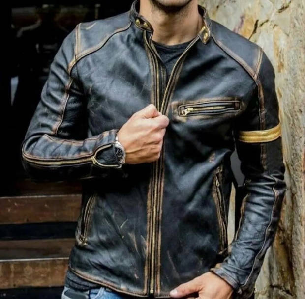 Leather Jacket with Relaxed Fit and Multiple Pockets