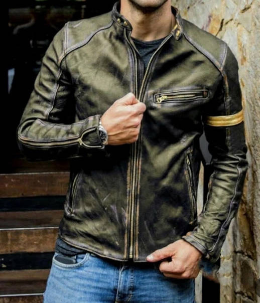 Leather Jacket with Relaxed Fit and Multiple Pockets
