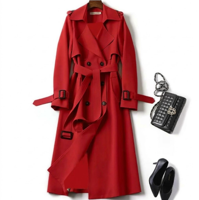Women's Trench Coat with Streamlined Longline Fit and Double-Breasted Front