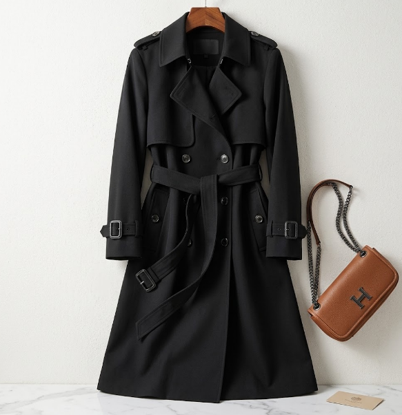 Women's Trench Coat with Streamlined Longline Fit and Double-Breasted Front
