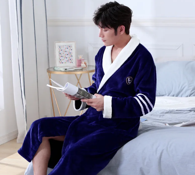 Men's Dressing Gown with Plush Velvet Shawl-Collar and Cord Piping