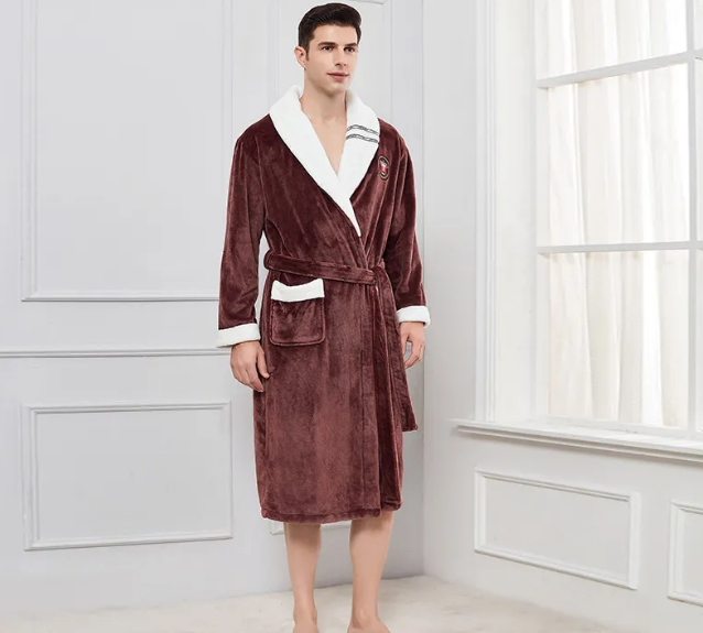 Men's Dressing Gown with Plush Velvet Shawl-Collar and Cord Piping
