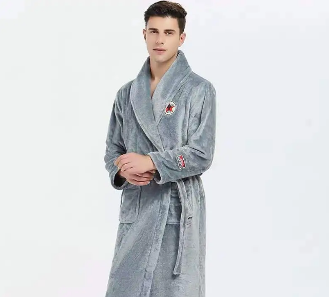Men's Dressing Gown with Plush Velvet Shawl-Collar and Cord Piping