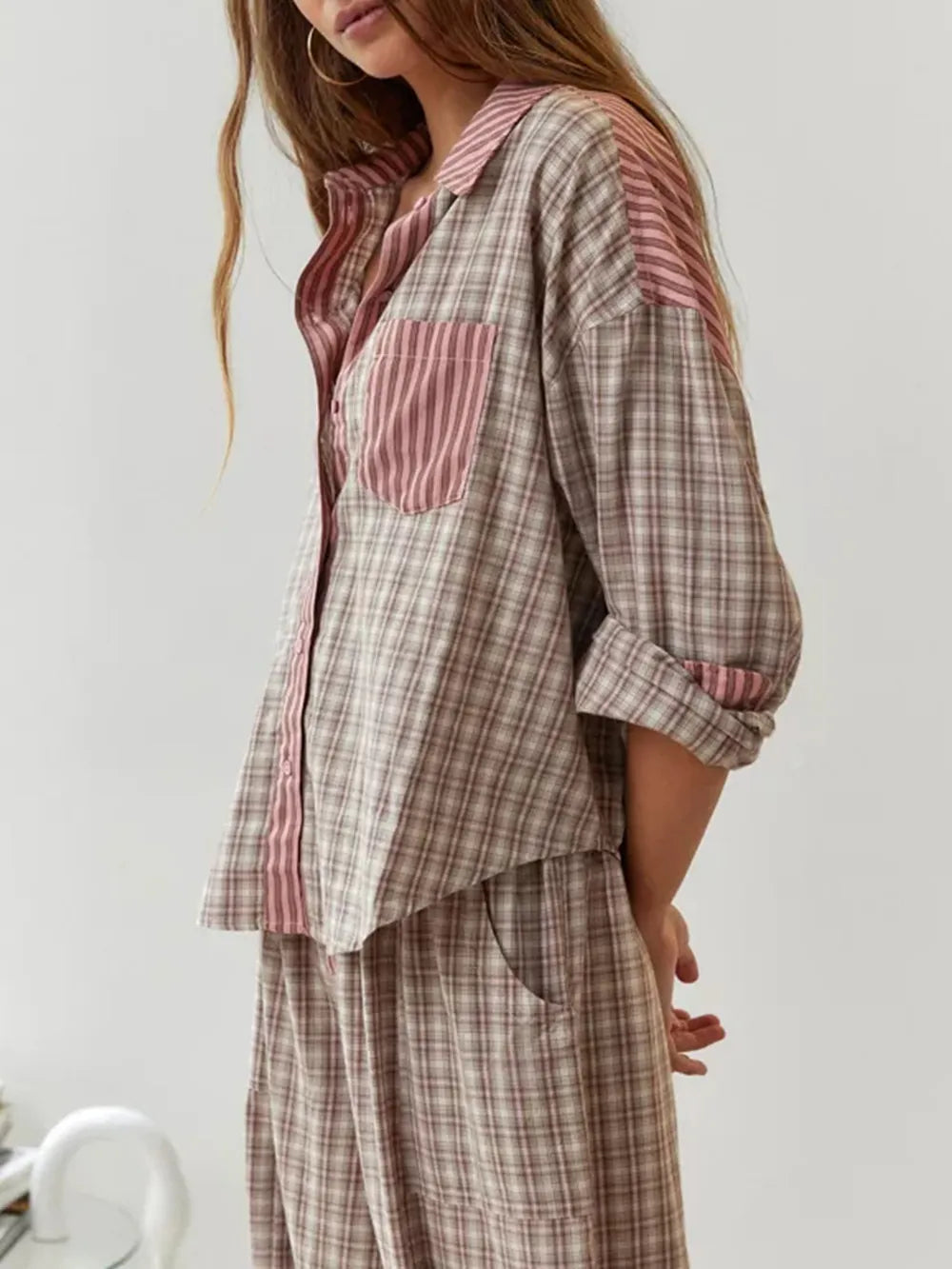 NOVA | Women's Checked Cotton Pyjama Set | Cozy Long Sleeve Sleepwear with Button Closure