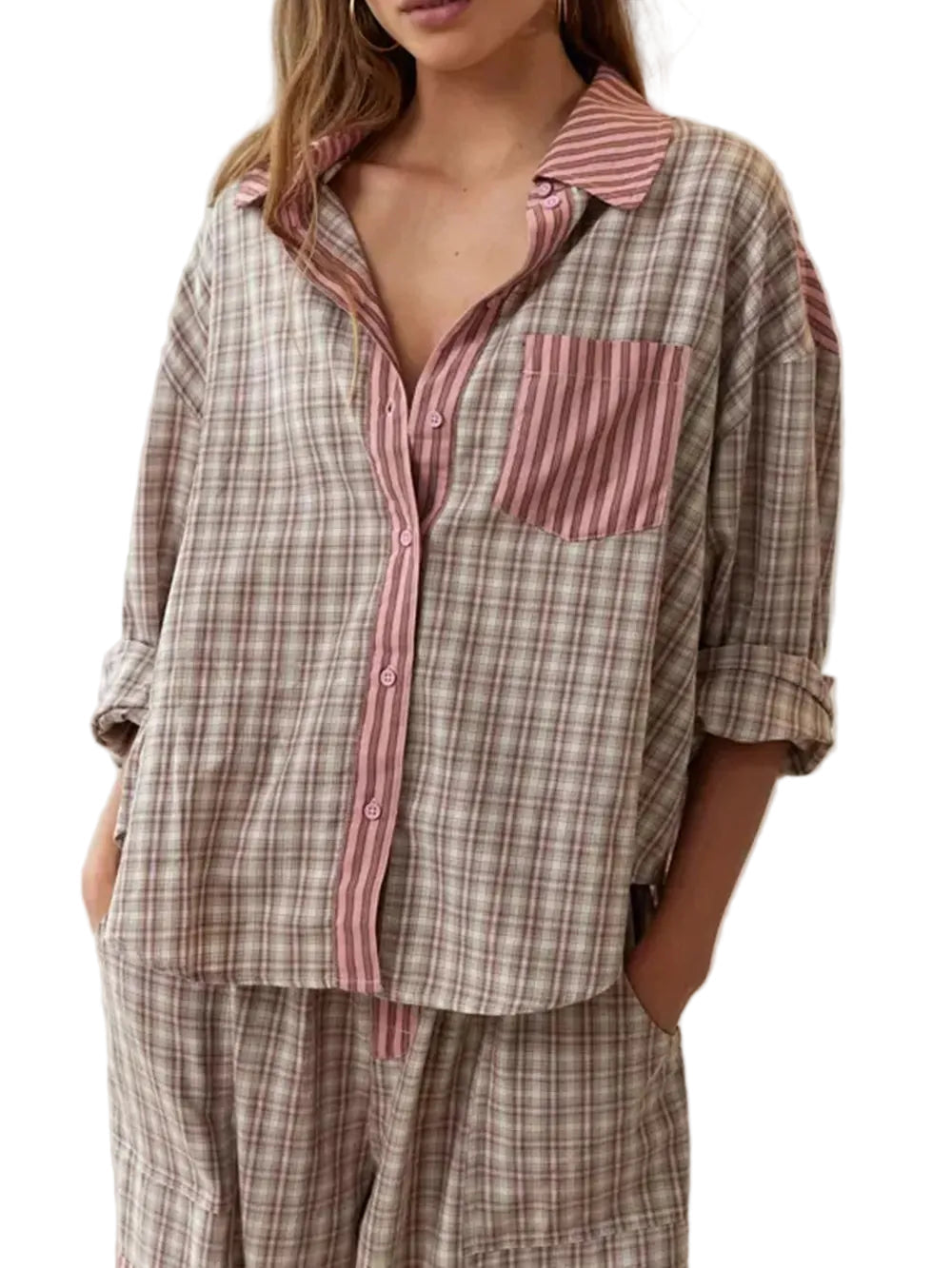 NOVA | Women's Checked Cotton Pyjama Set | Cozy Long Sleeve Sleepwear with Button Closure