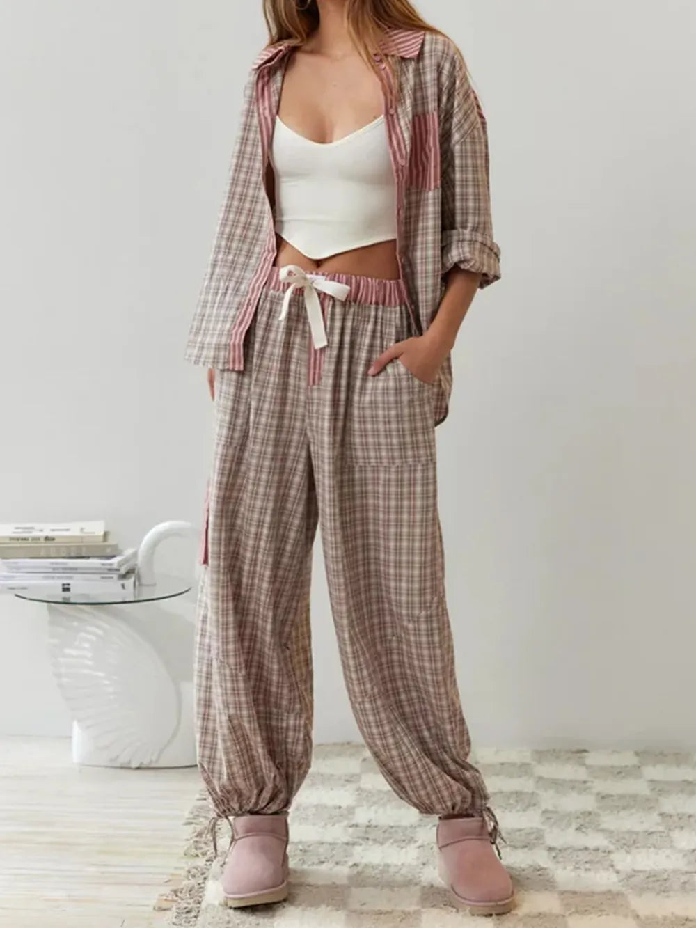NOVA | Women's Checked Cotton Pyjama Set | Cozy Long Sleeve Sleepwear with Button Closure