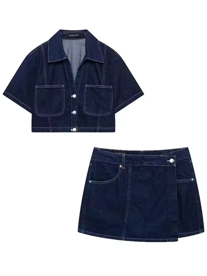 NOVA | Women's Cotton Blend Denim Two Piece Set | Relaxed Crop Top and Mini Skort Outfit