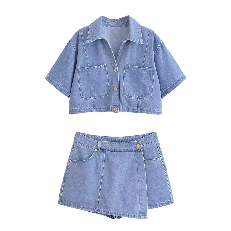 NOVA | Women's Cotton Blend Denim Two Piece Set | Relaxed Crop Top and Mini Skort Outfit
