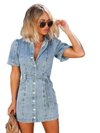 NOVA | Women's Denim Mini Dress – Belted Button Front & Puff Sleeves