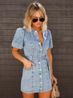 NOVA | Women's Denim Mini Dress – Belted Button Front & Puff Sleeves