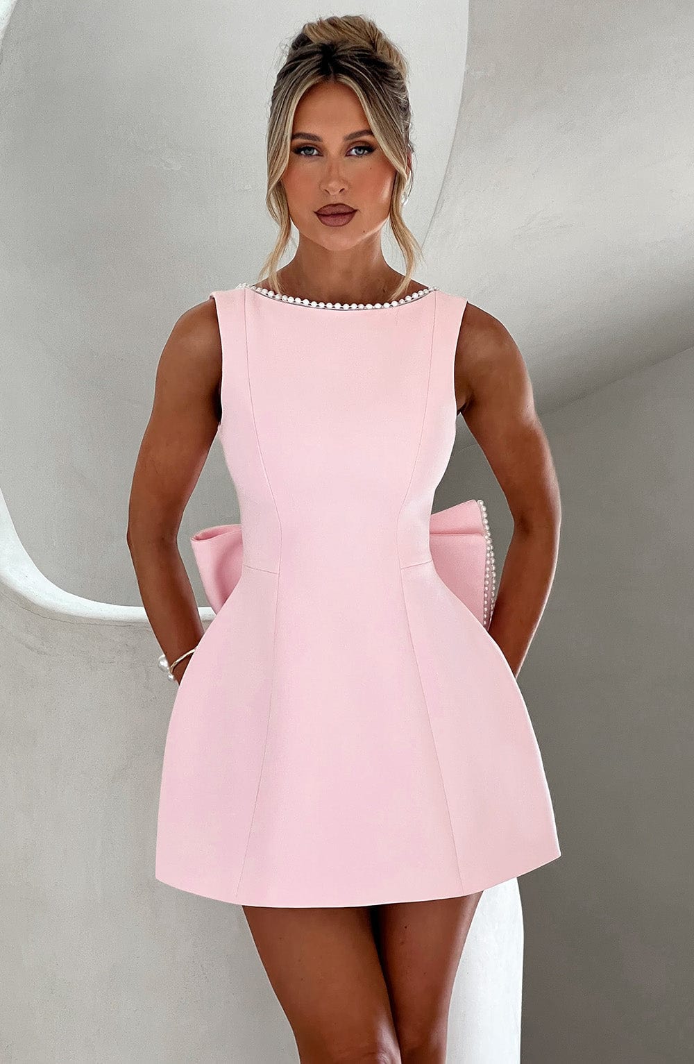 NOVA | Women's Elegant A-Line Mini Dress | Sophisticated Pearl Trim Summer Cocktail Dress