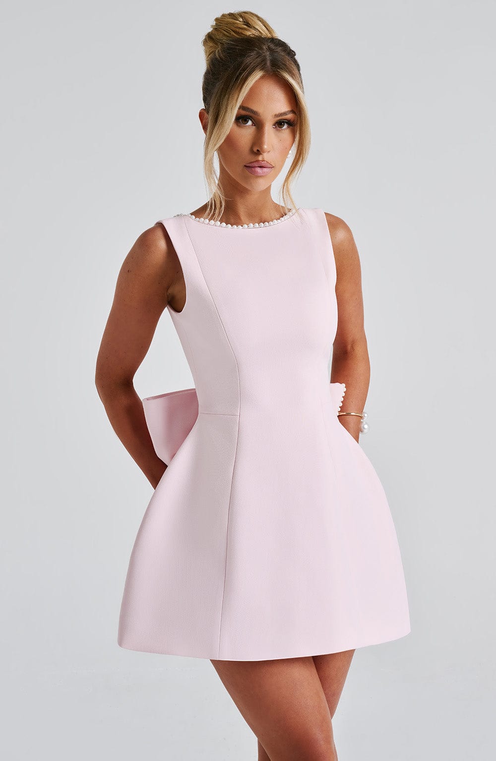 NOVA | Women's Elegant A-Line Mini Dress | Sophisticated Pearl Trim Summer Cocktail Dress