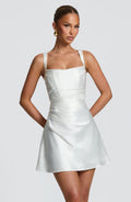 Women's Ivory Satin Mini Dress | Elegant Square Neckline with Pleated Details 0