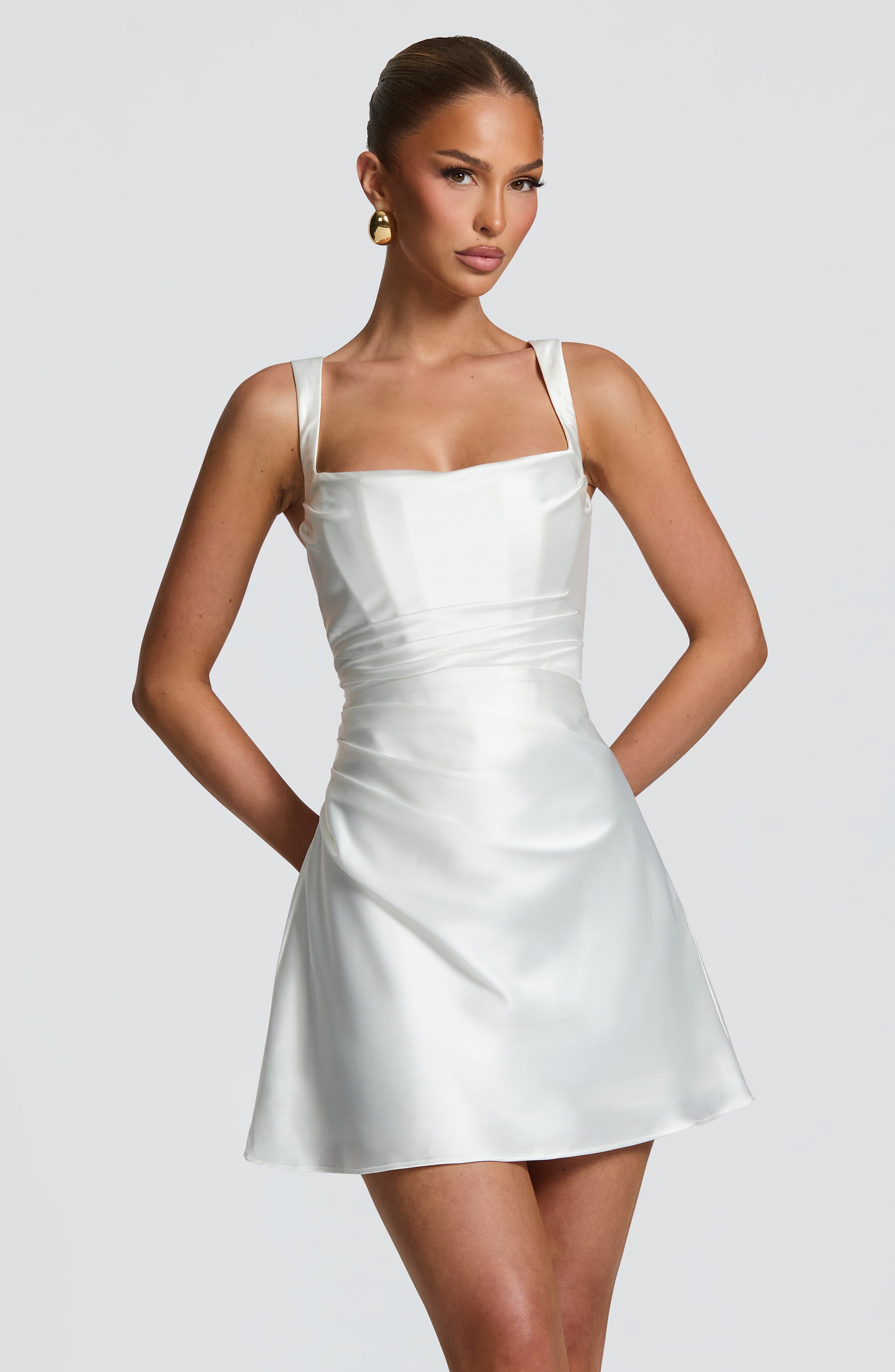 Women's Ivory Satin Mini Dress | Elegant Square Neckline with Pleated Details 0