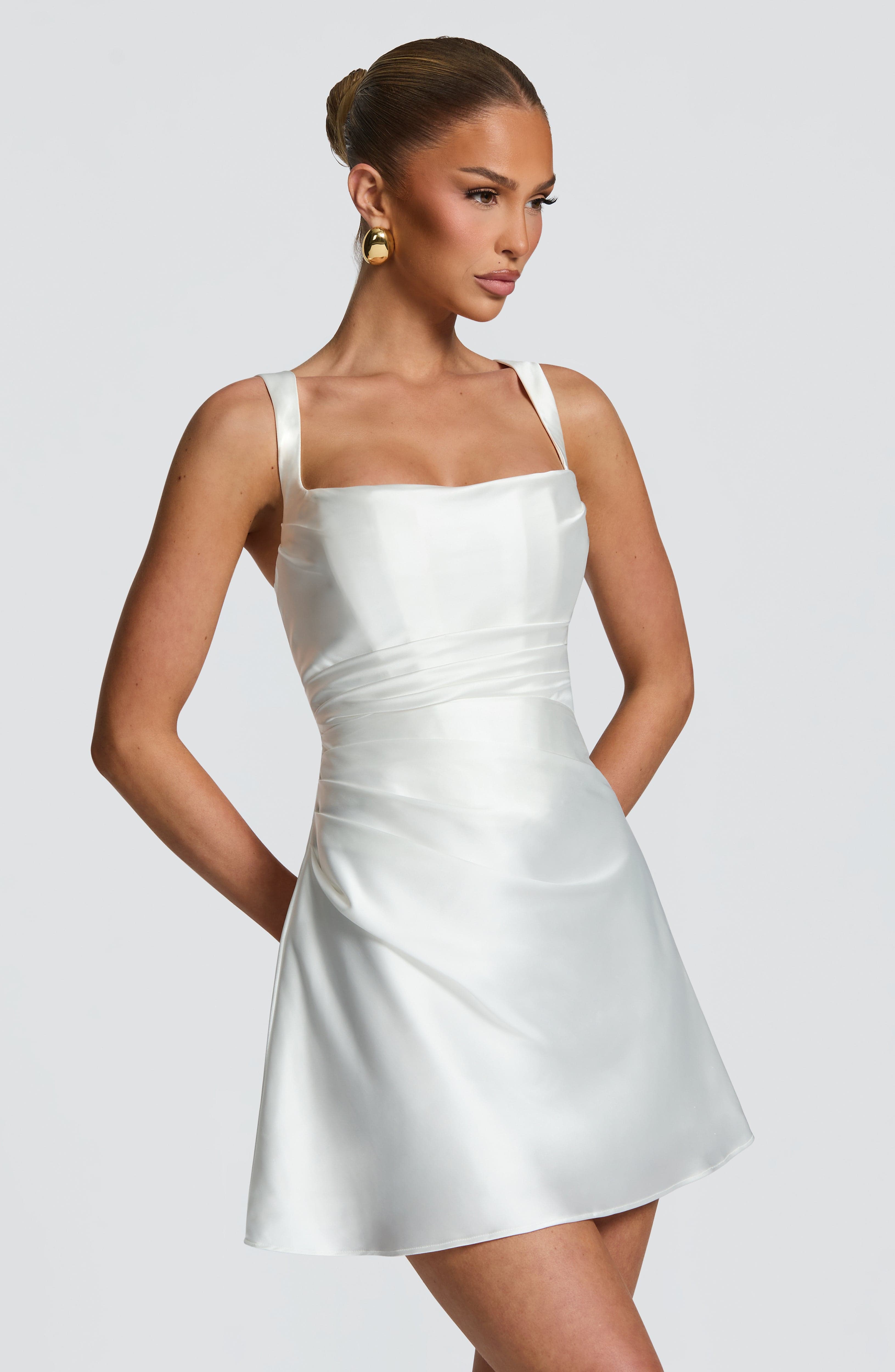 Women's Ivory Satin Mini Dress | Elegant Square Neckline with Pleated Details 1