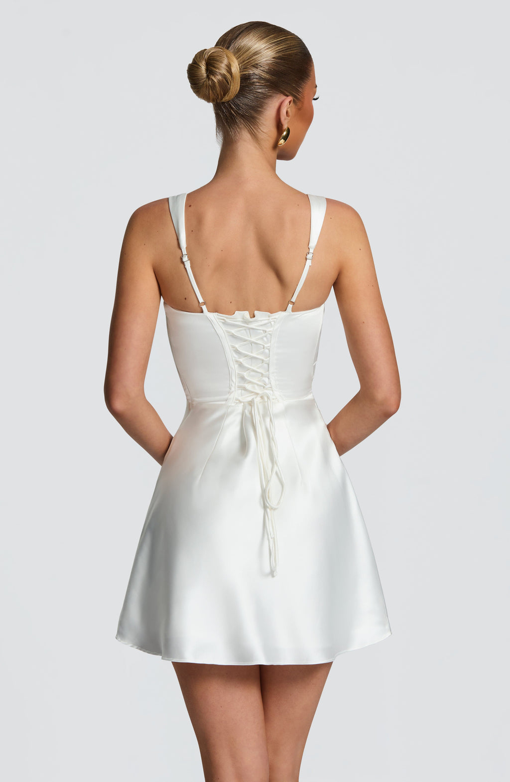 Women's Ivory Satin Mini Dress | Elegant Square Neckline with Pleated Details 2