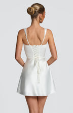 Women's Ivory Satin Mini Dress | Elegant Square Neckline with Pleated Details 2