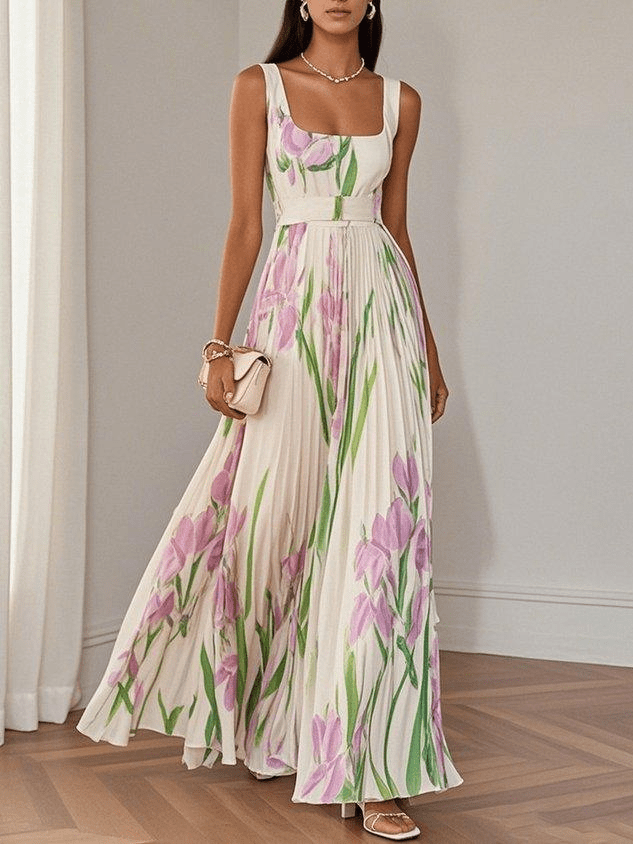 NOVA | Women's Sleeveless Floral Chiffon Maxi Dress – Square Neck Elegant A-Line