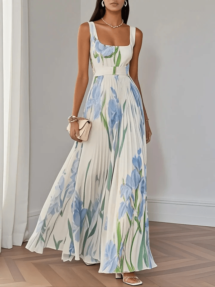 NOVA | Women's Sleeveless Floral Chiffon Maxi Dress – Square Neck Elegant A-Line