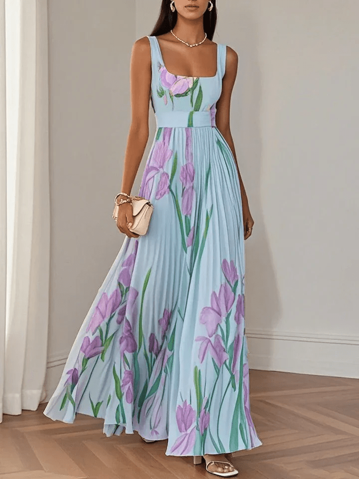 NOVA | Women's Sleeveless Floral Chiffon Maxi Dress – Square Neck Elegant A-Line