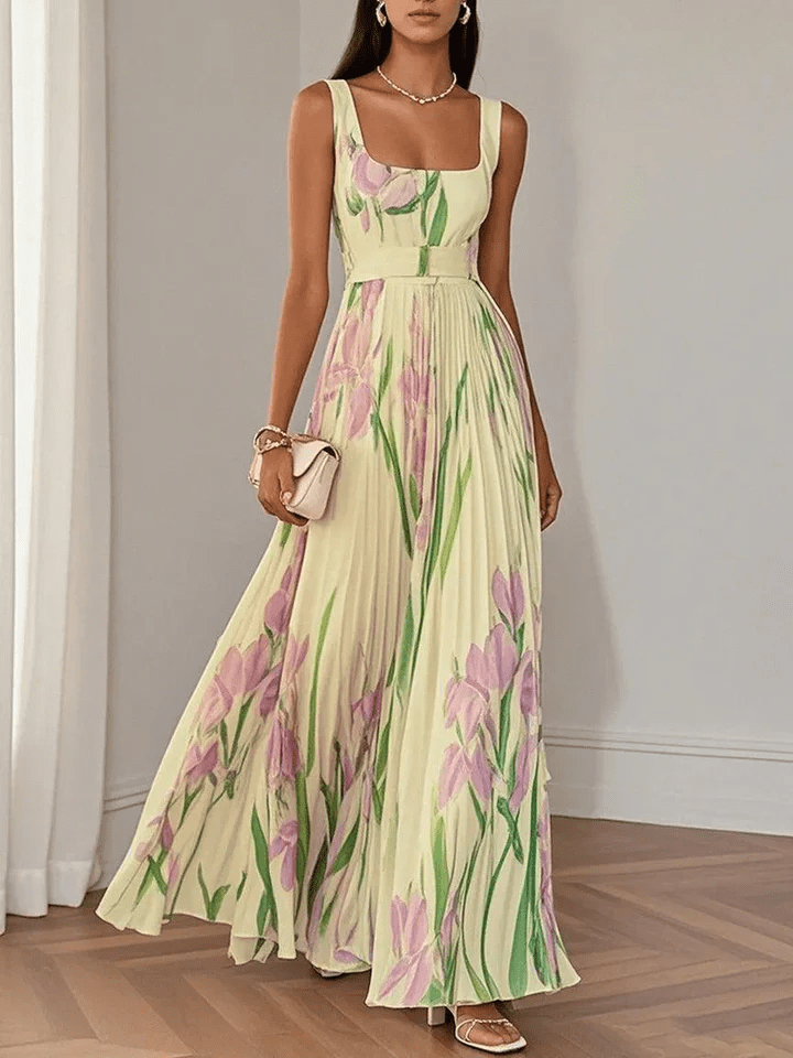 NOVA | Women's Sleeveless Floral Chiffon Maxi Dress – Square Neck Elegant A-Line