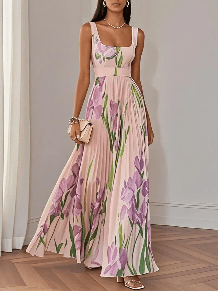 NOVA | Women's Sleeveless Floral Chiffon Maxi Dress – Square Neck Elegant A-Line