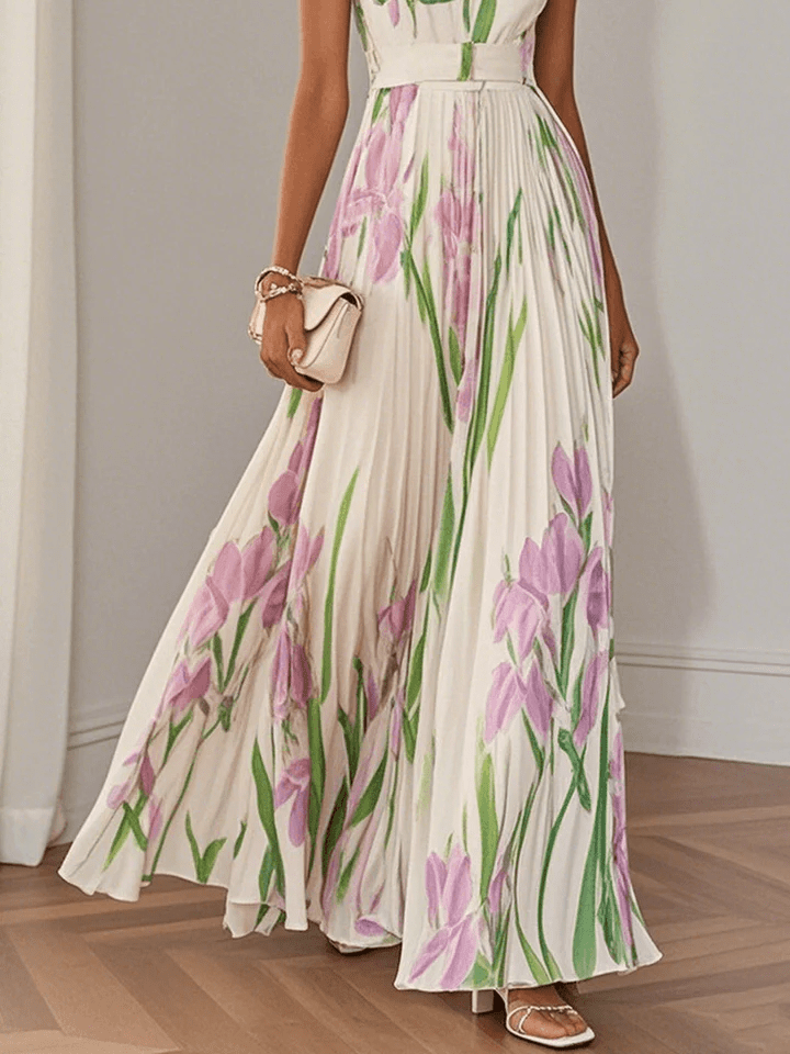 NOVA | Women's Sleeveless Floral Chiffon Maxi Dress – Square Neck Elegant A-Line