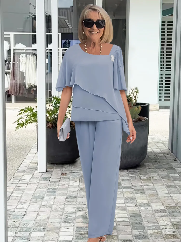 NOVA | Damski lekki zestaw dwu-częściowy z nakładkami | Elegancki granatowy strój formalny
