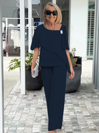 NOVA | Damski lekki zestaw dwu-częściowy z nakładkami | Elegancki granatowy strój formalny