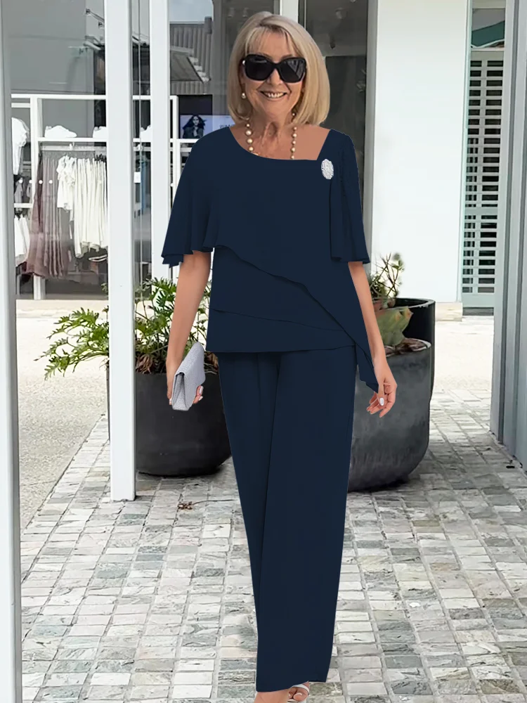 NOVA | Damski lekki zestaw dwu-częściowy z nakładkami | Elegancki granatowy strój formalny