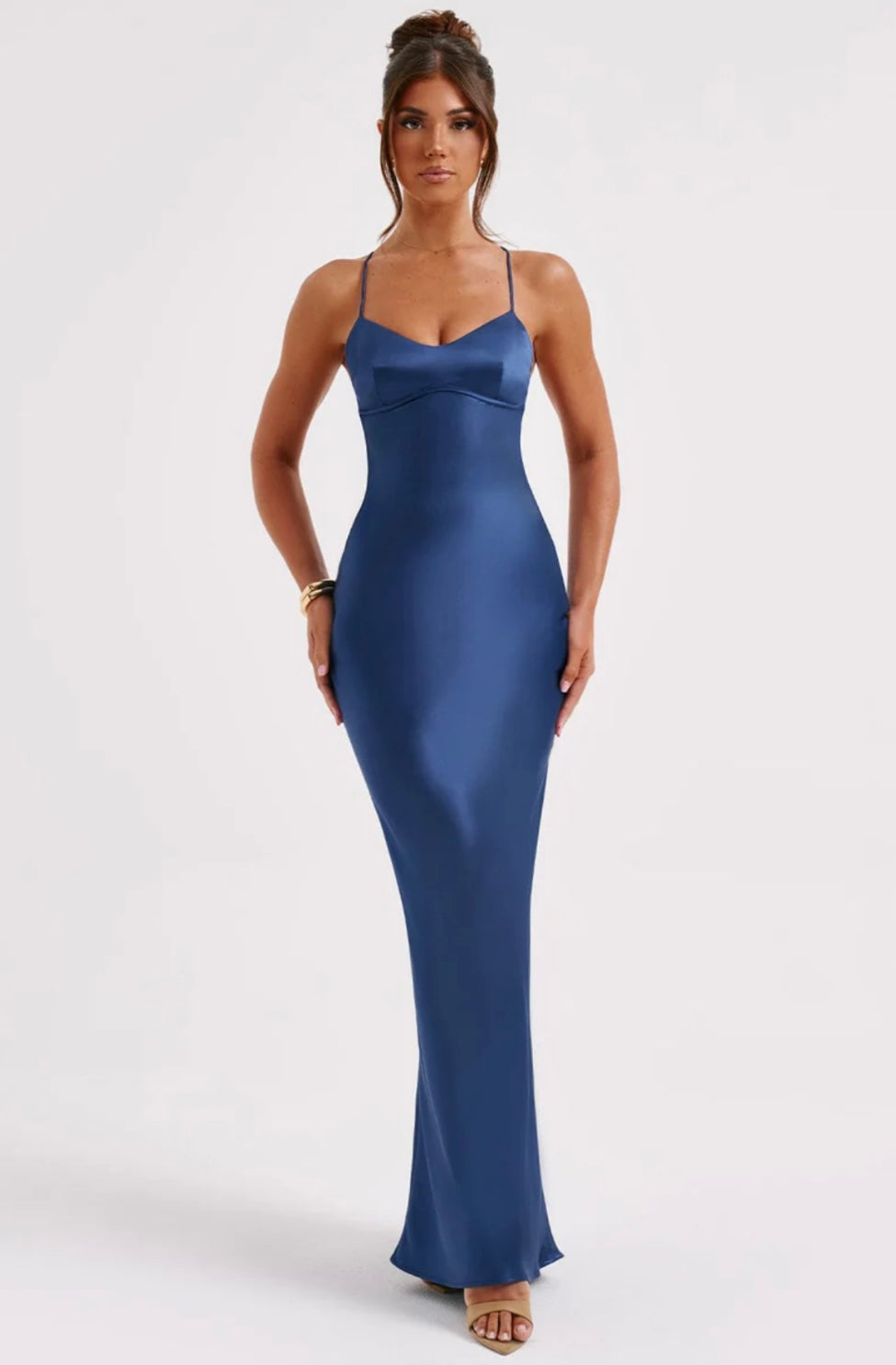 NOVA | Women's Blue Bodycon Midi Dress – Strappy V-Neck Elegant Fit