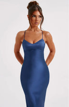 NOVA | Women's Blue Bodycon Midi Dress – Strappy V-Neck Elegant Fit