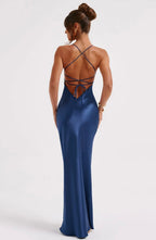 NOVA | Women's Blue Bodycon Midi Dress – Strappy V-Neck Elegant Fit