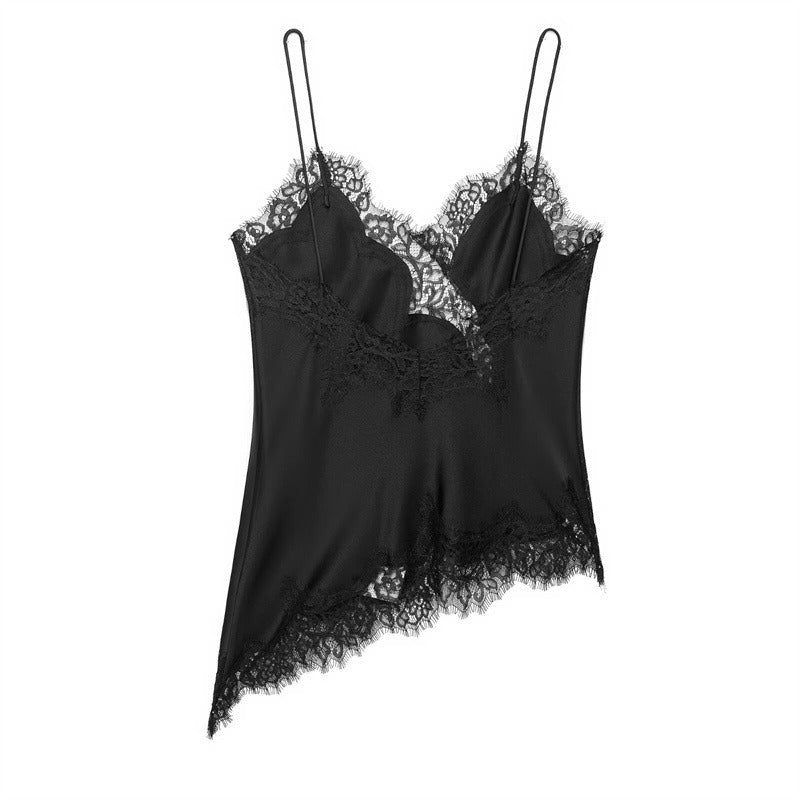 NOVA | Women's Smooth Silk Cami Top | Elegant Asymmetric Lace Trim Design