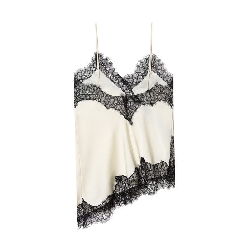 NOVA | Women's Smooth Silk Cami Top | Elegant Asymmetric Lace Trim Design