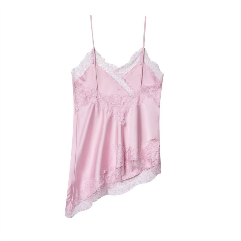 NOVA | Women's Smooth Silk Cami Top | Elegant Asymmetric Lace Trim Design